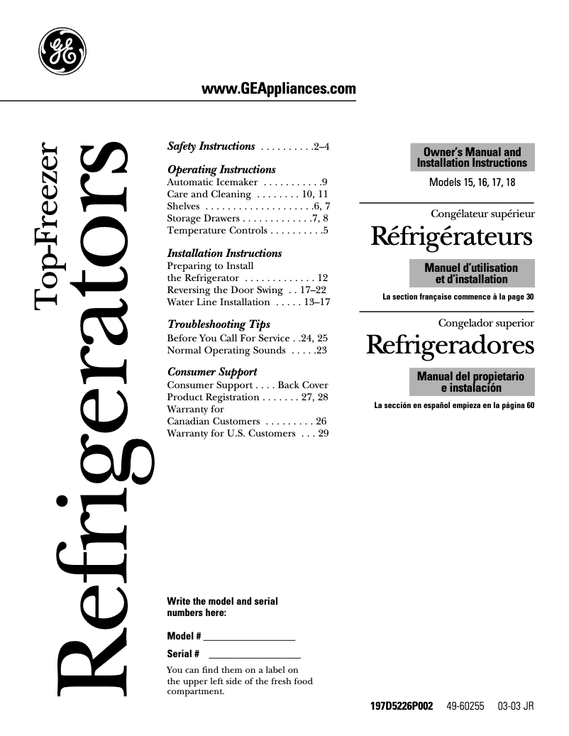 Page n°1 - Manuel d'utilisation et d'entretien GE GTS15BCMLWW