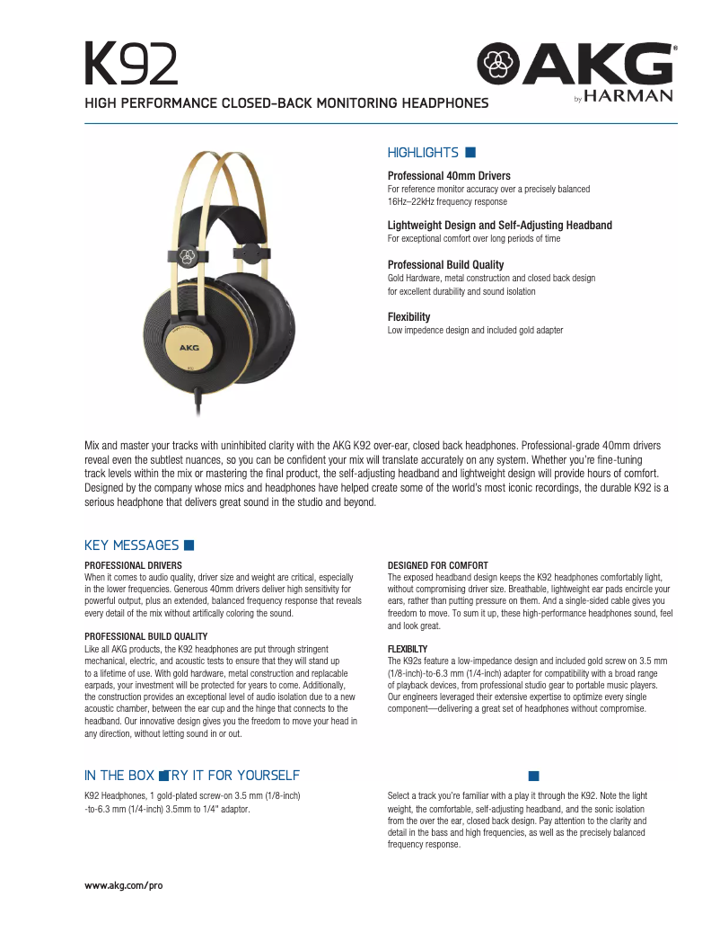 Page n°1 - Fiche technique AKG K92