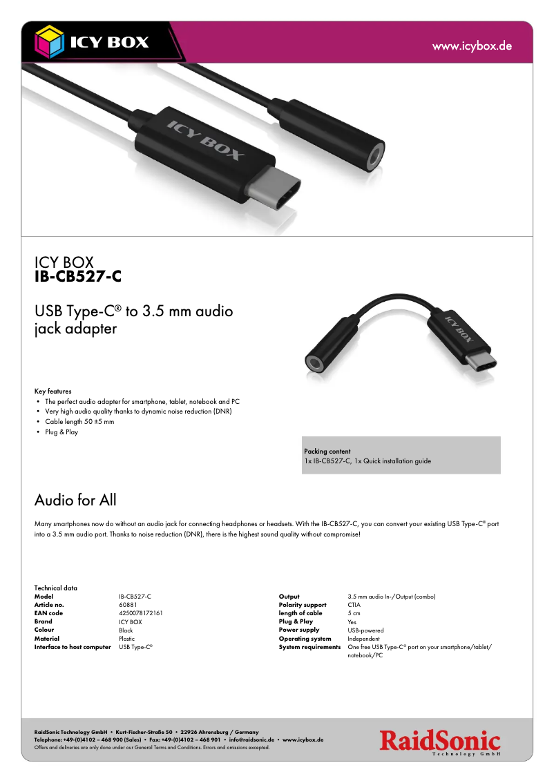 Página 1 del manual Ficha técnica Icy Box IB-CB527-C