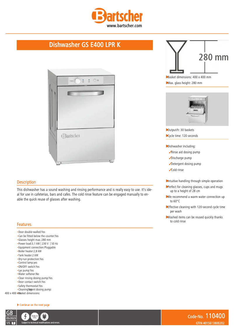 Page n°1 - Fiche technique Bartscher GS E400 LPR K