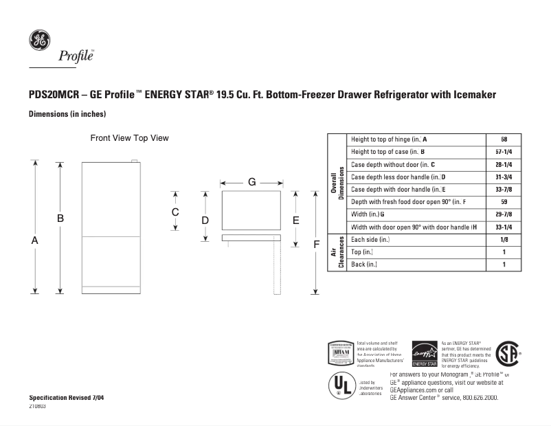 Page 1 de la notice Fiche technique GE Profile PDS20MCRBB