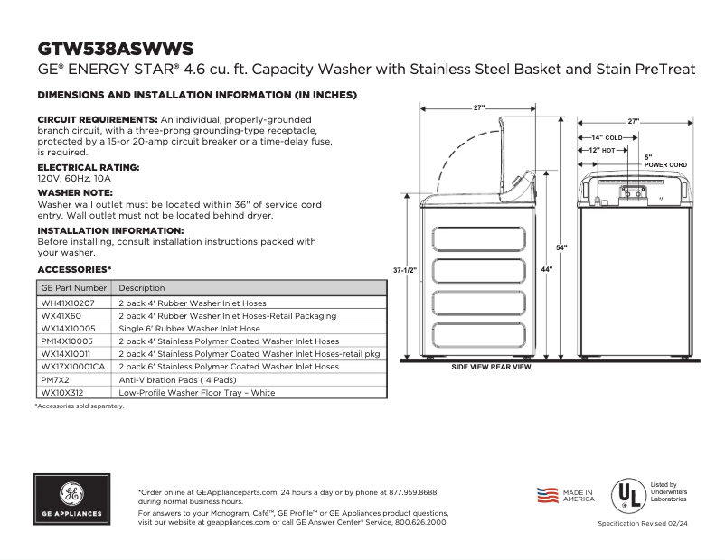 First page image of the manual for GTW538ASWWS