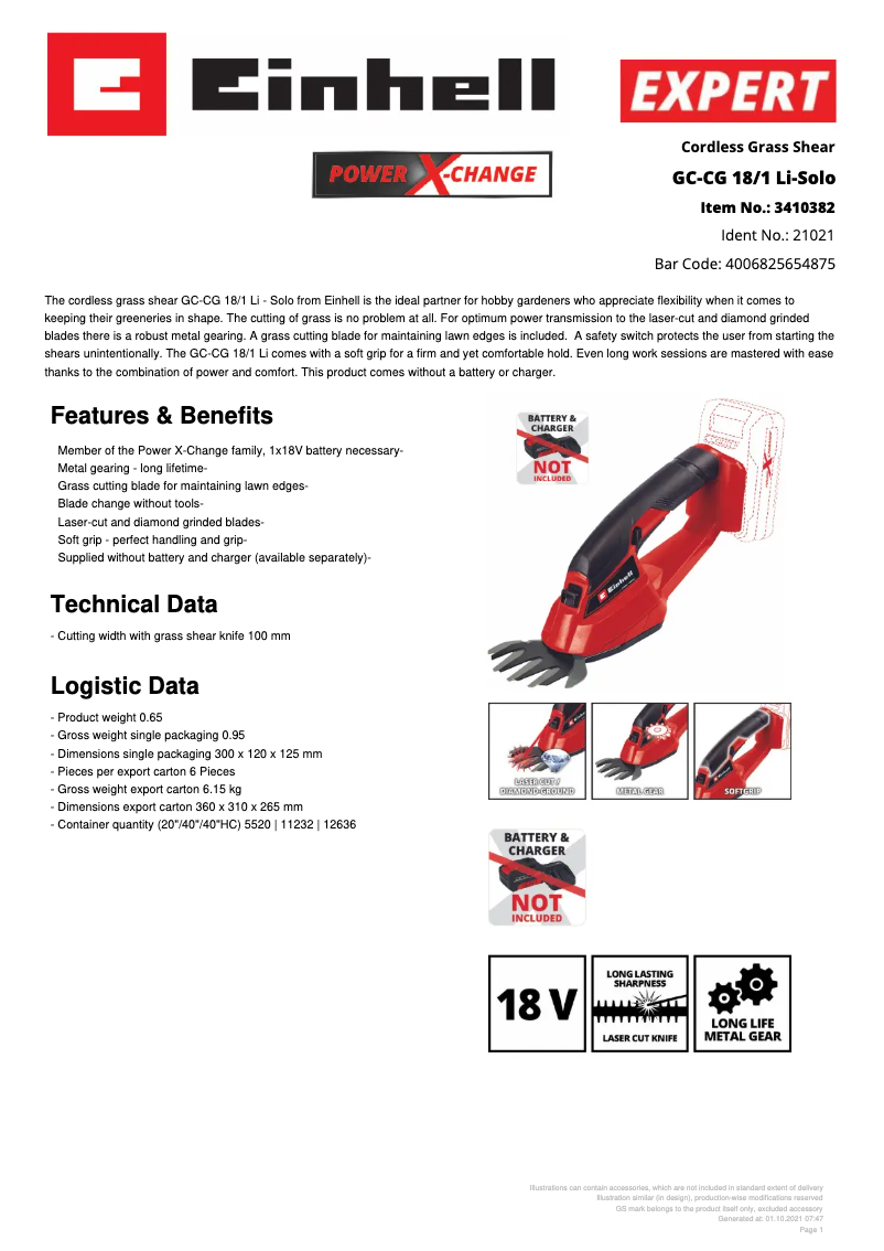 Page n°1 - Fiche technique Einhell GC-CG 18/1 Li