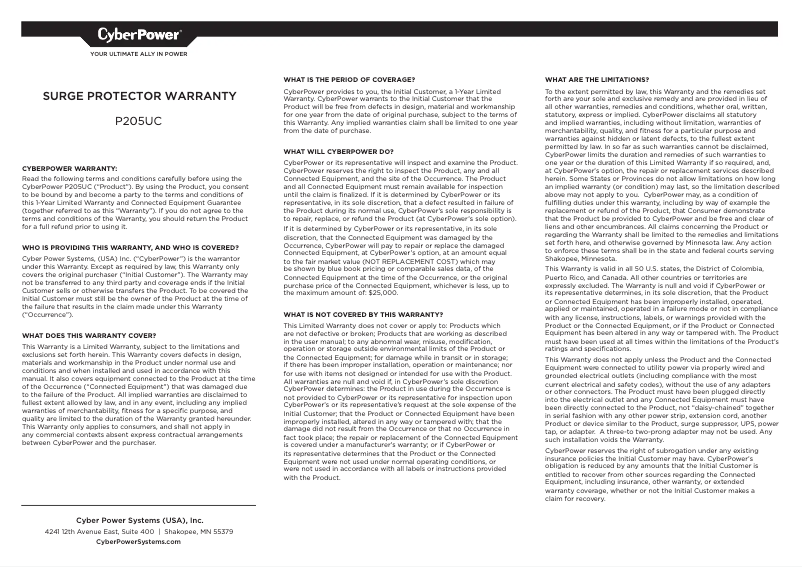 Page n°1 - Manuel utilisateur CyberPower P205UC