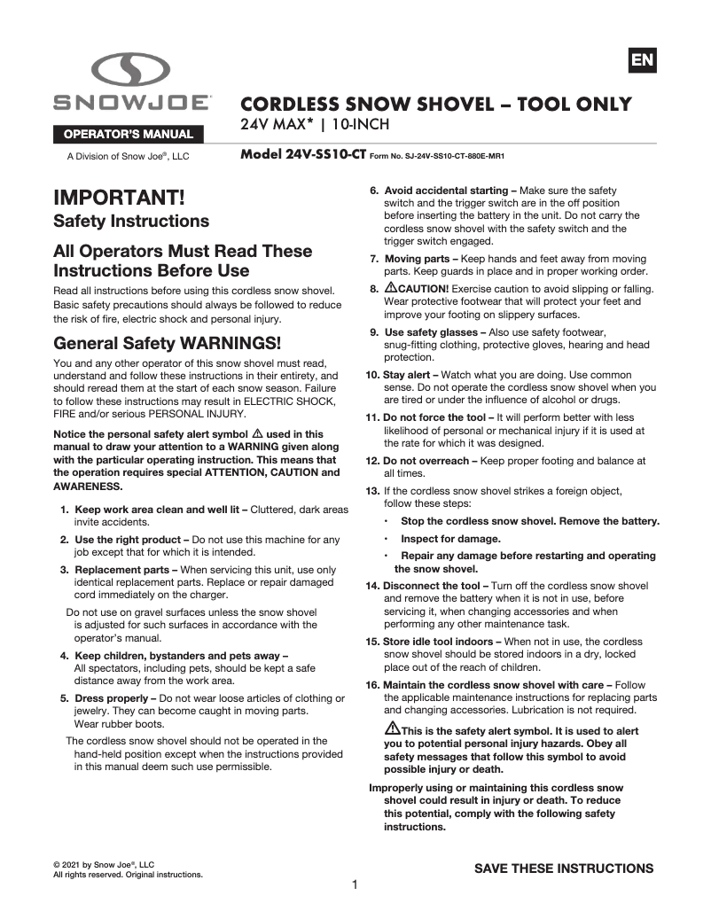 Page n°1 - Manuel utilisateur Snow Joe 24V-SS10-CT