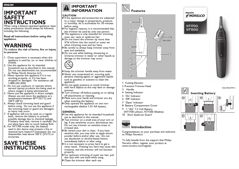 Page 1 de la notice Manuel utilisateur Philips Norelco Series 1000 NT1700