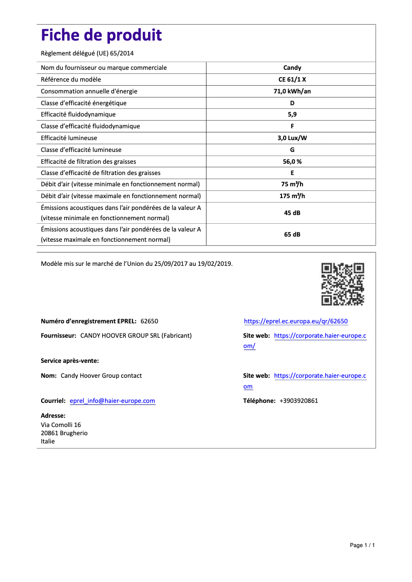 Page 1 de la notice Manuel utilisateur Candy CE 61/1 X