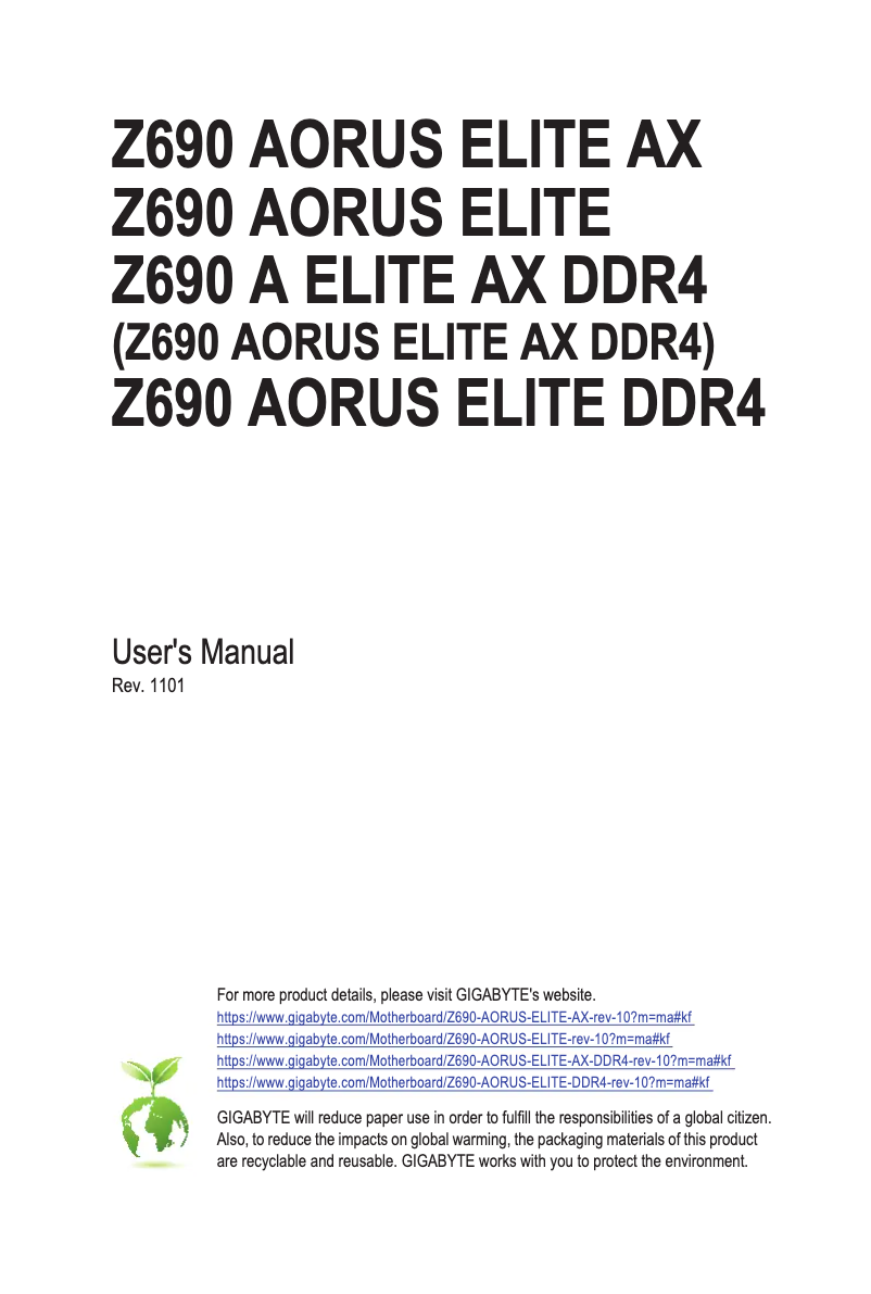 Image de la première page du manuel de l'appareil Z690 Aorus Elite DDR4