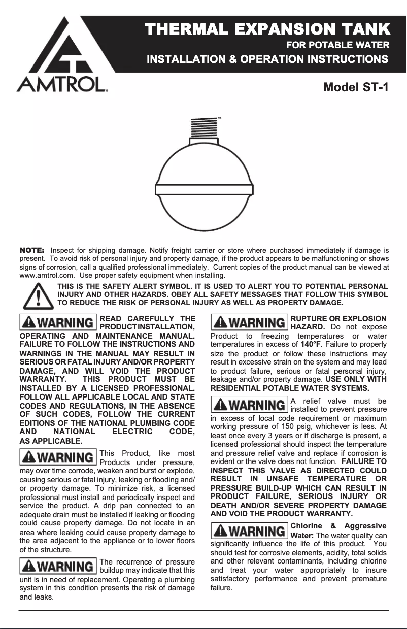 Page n°1 - Manuel utilisateur Amtrol Therm-X-Trol ST-1