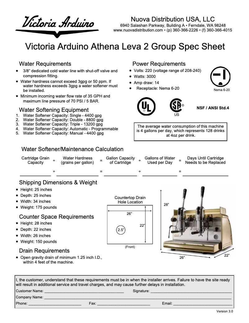 Page 1 de la notice Fiche technique Victoria Arduino Athena Leva