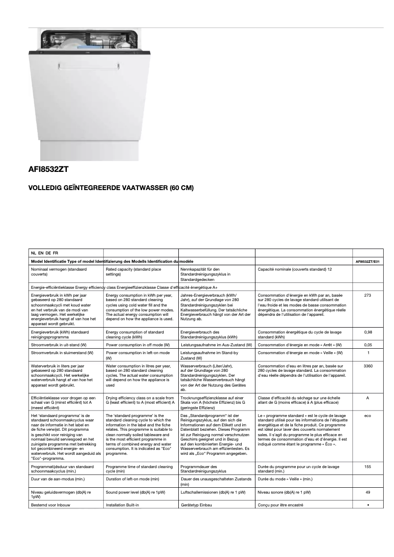 Page 1 de la notice Fiche technique Etna AFI8532ZT