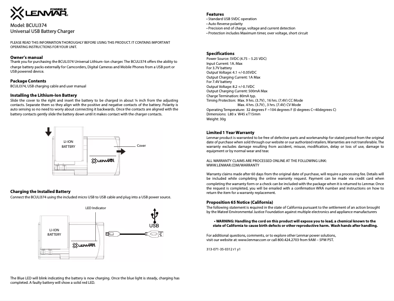 Page 1 de la notice Manuel utilisateur Lenmar BCULI374