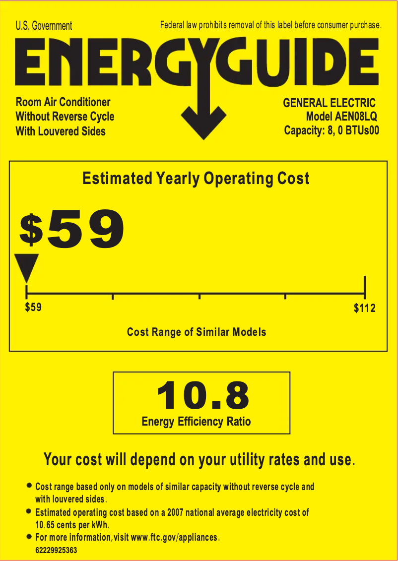 Page 1 de la notice Label énergétique GE AEN08LQ
