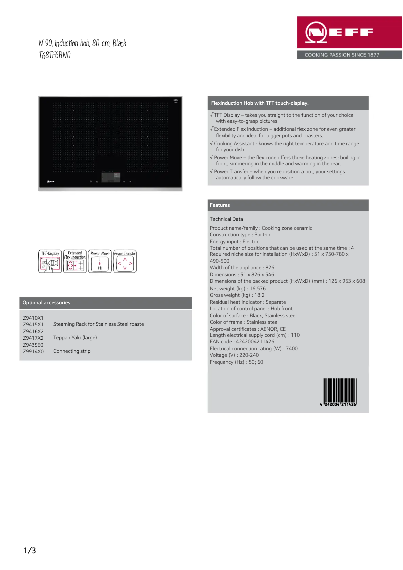 Page 1 de la notice Fiche technique Neff T68TF6RN0