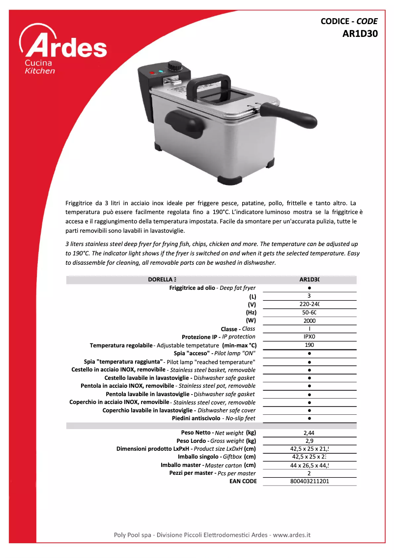 Page 1 de la notice Fiche technique Ardes AR1D30