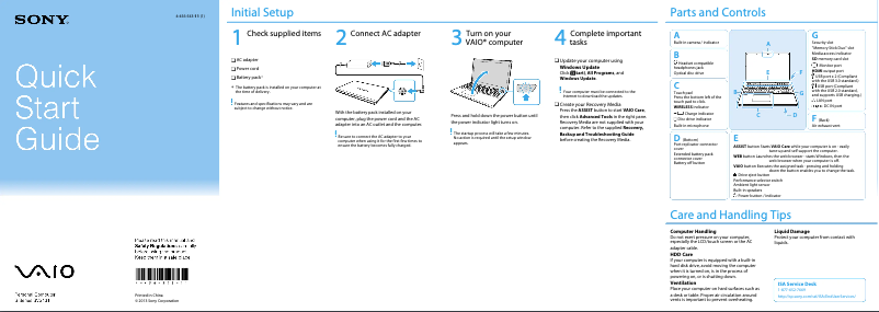 Page 1 de la notice Guide d'installation Sony Vaio SVS1313ZDZB