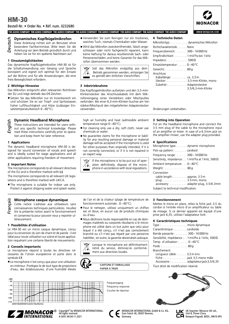 Page 1 de la notice Manuel utilisateur Monacor HM-30