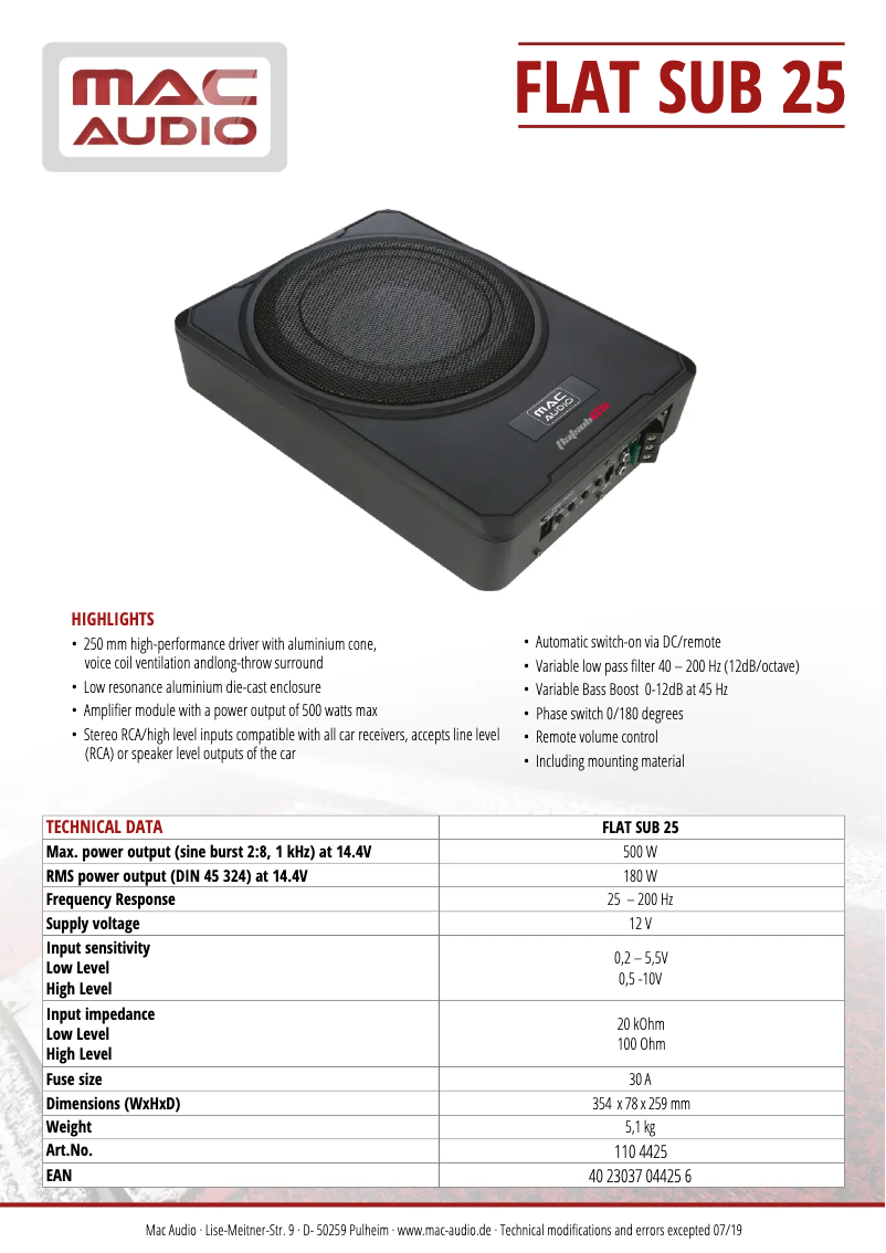 Page 1 de la notice Manuel utilisateur Mac Audio Flat Sub 25