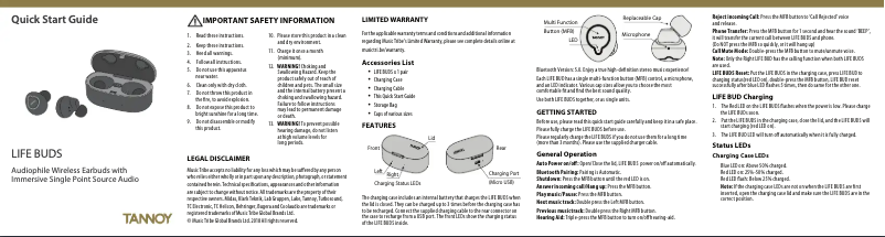 Page 1 de la notice Guide de démarrage rapide Tannoy Life Buds