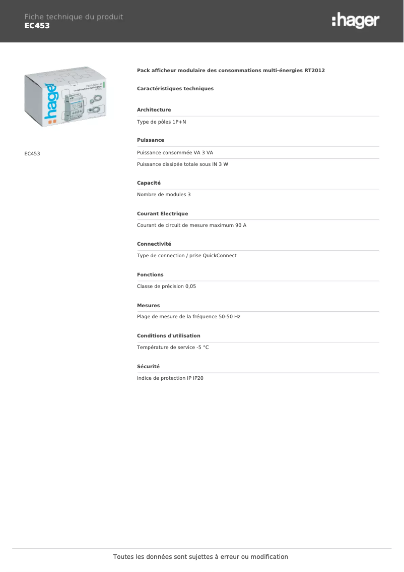 Page 1 de la notice Fiche technique Hager EC453