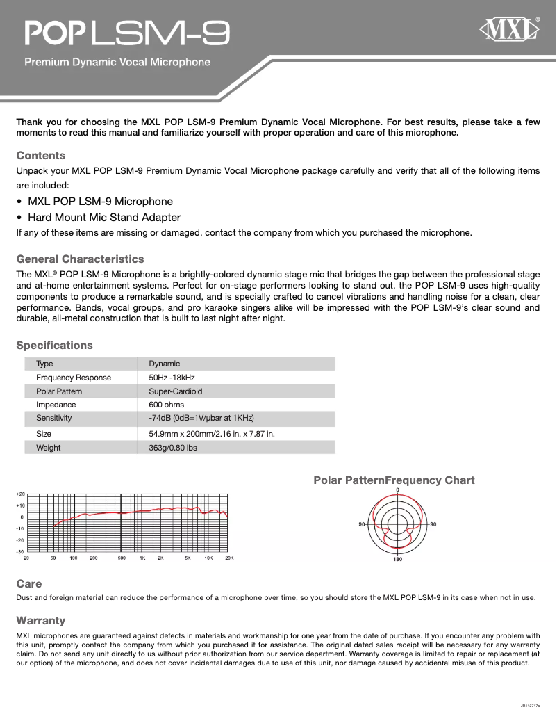 Page 1 de la notice Manuel utilisateur MXL POP LSM-9