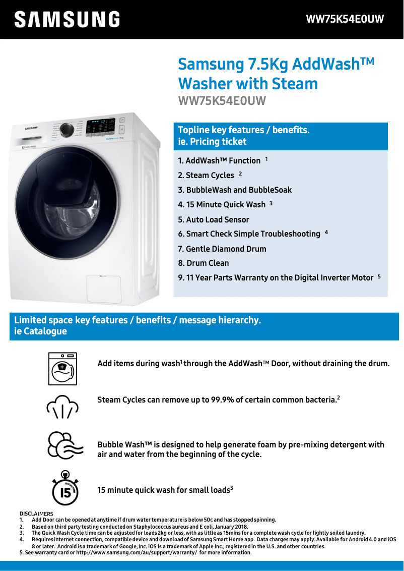 Page 1 de la notice Fiche technique Samsung WW75K54E0UW