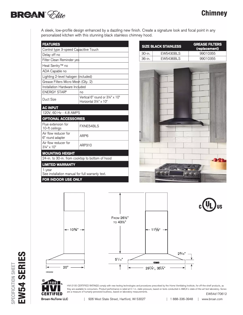 Página 1 del manual Ficha técnica Broan EW5430BLS