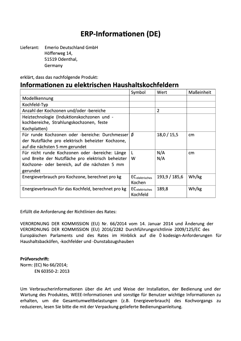 Page 1 de la notice Fiche technique Emerio HP-109090.6