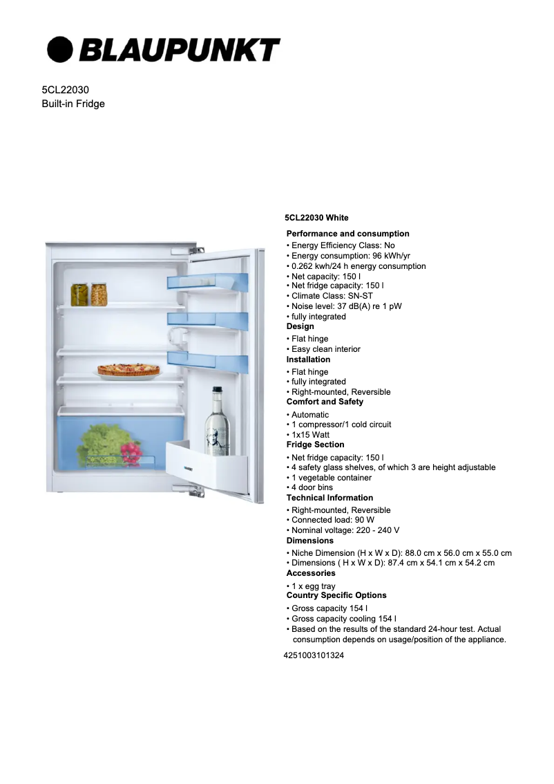 Page 1 de la notice Fiche technique Blaupunkt 5CL 22030
