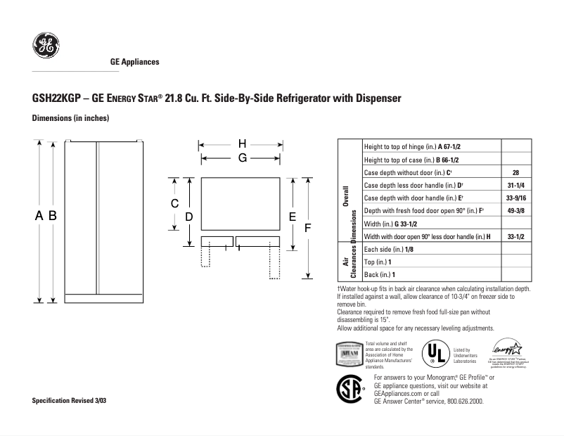 Page n°1 - Fiche technique GE GSH22KGPCC