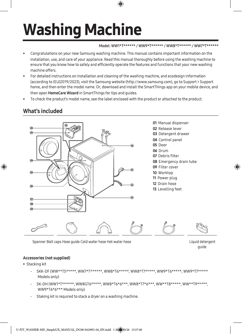 Page n°1 - Guide de démarrage rapide Samsung WW80T754DBH