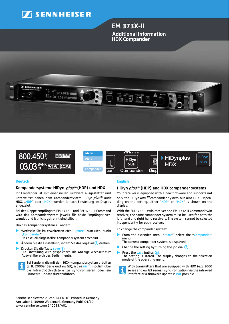 Page 1 de la notice Fiche technique Sennheiser EM 3732-II