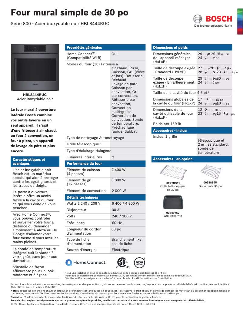 Page 1 de la notice Fiche technique Bosch HBL8444RUC