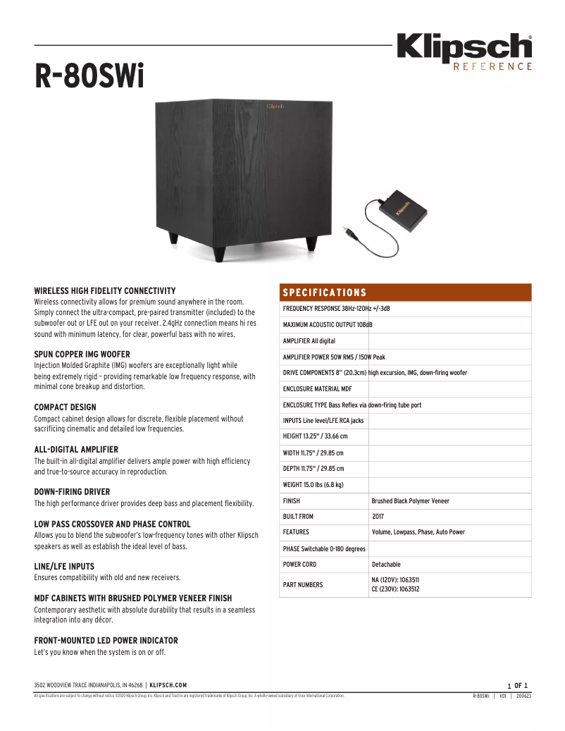 Page 1 de la notice Fiche technique Klipsch R-80SWi