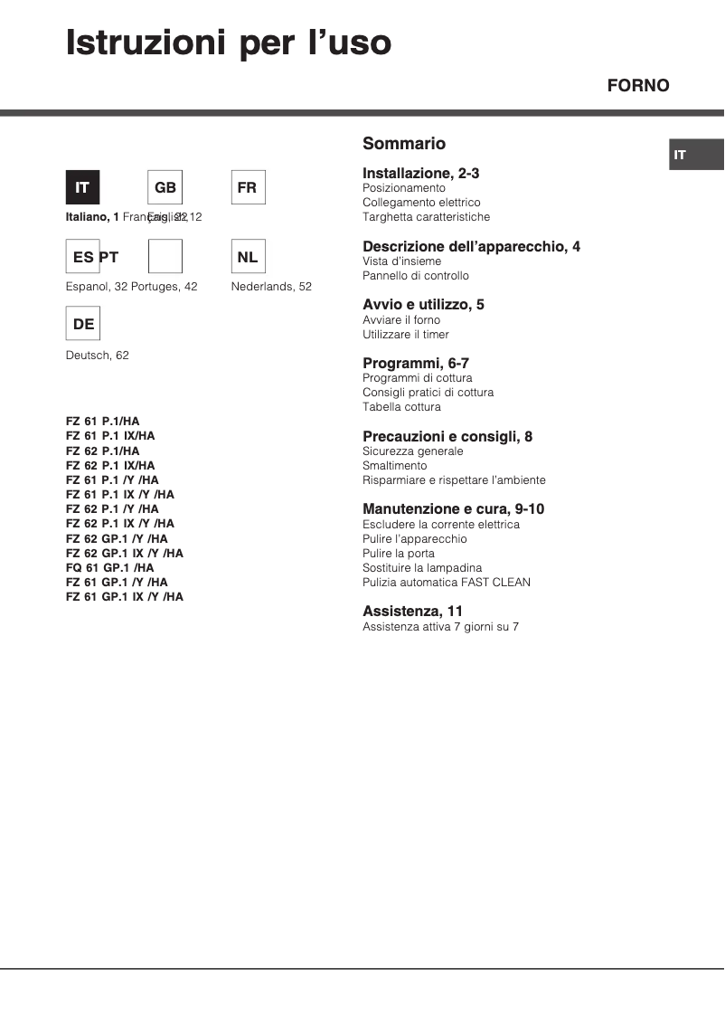 Page 1 de la notice Manuel utilisateur Hotpoint Ariston FZ 62 GP.1 IX /Y /HA