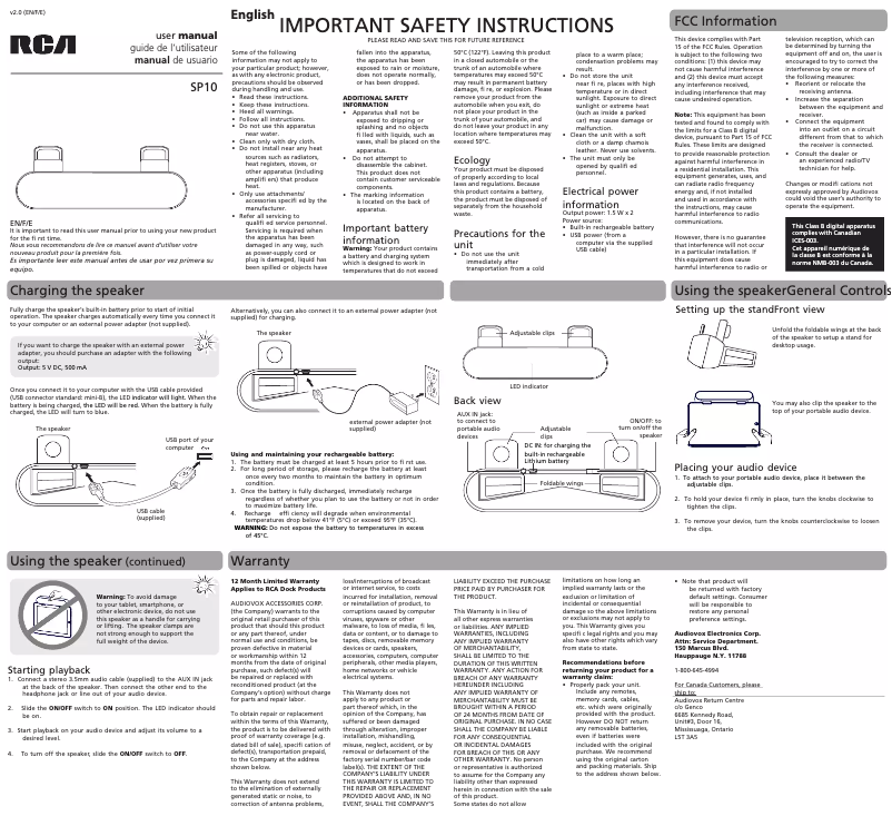 Page 1 de la notice Manuel utilisateur RCA SP10