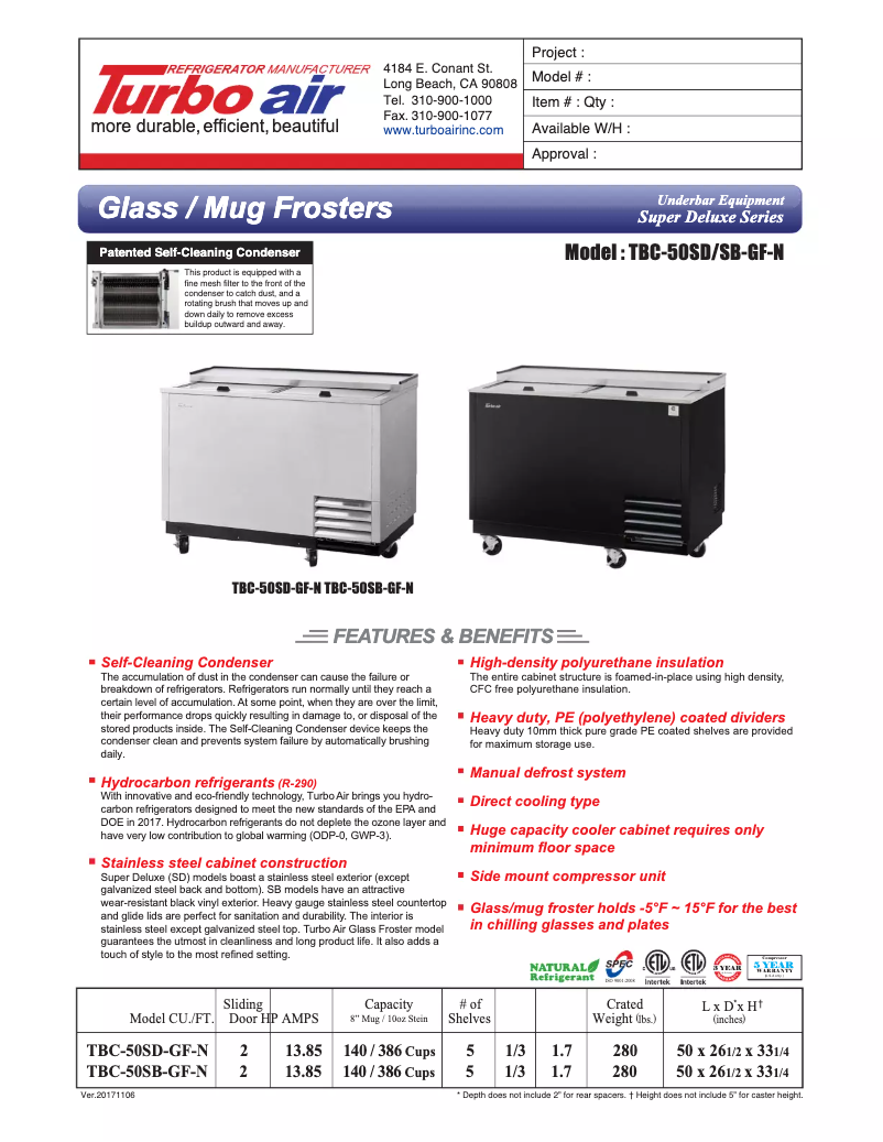 Page 1 de la notice Fiche technique Turbo air TBC-50SD-GF
