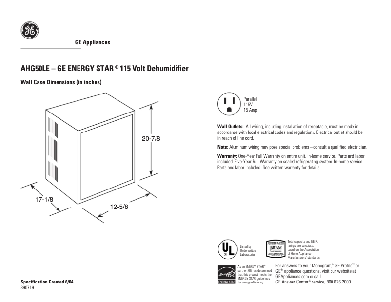 Page 1 de la notice Fiche technique GE AHG50LE