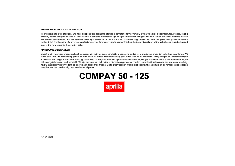 Page 1 de la notice Manuel utilisateur Aprilia Compay 125 (2008)