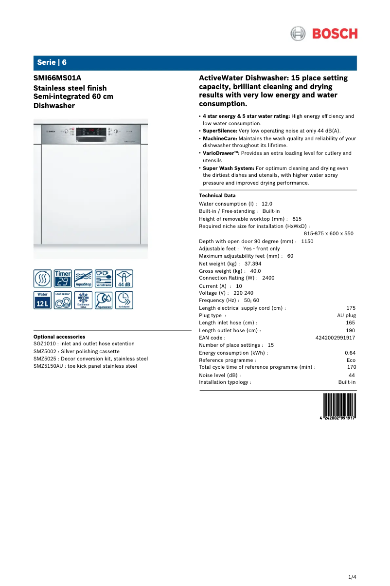 Page n°1 - Fiche technique Bosch SMI66MS01A