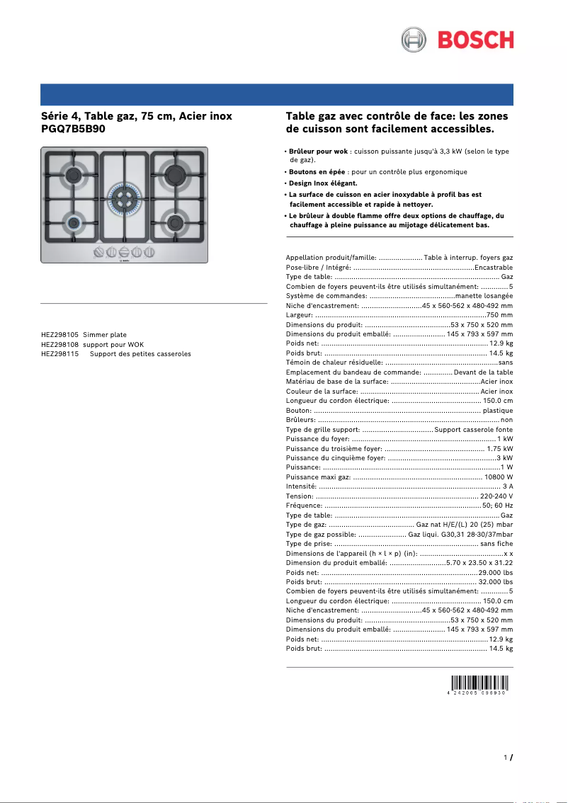 Page 1 de la notice Fiche technique Bosch PGQ7B5B90