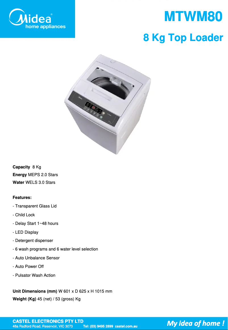 Page 1 de la notice Fiche technique Midea MTWM80