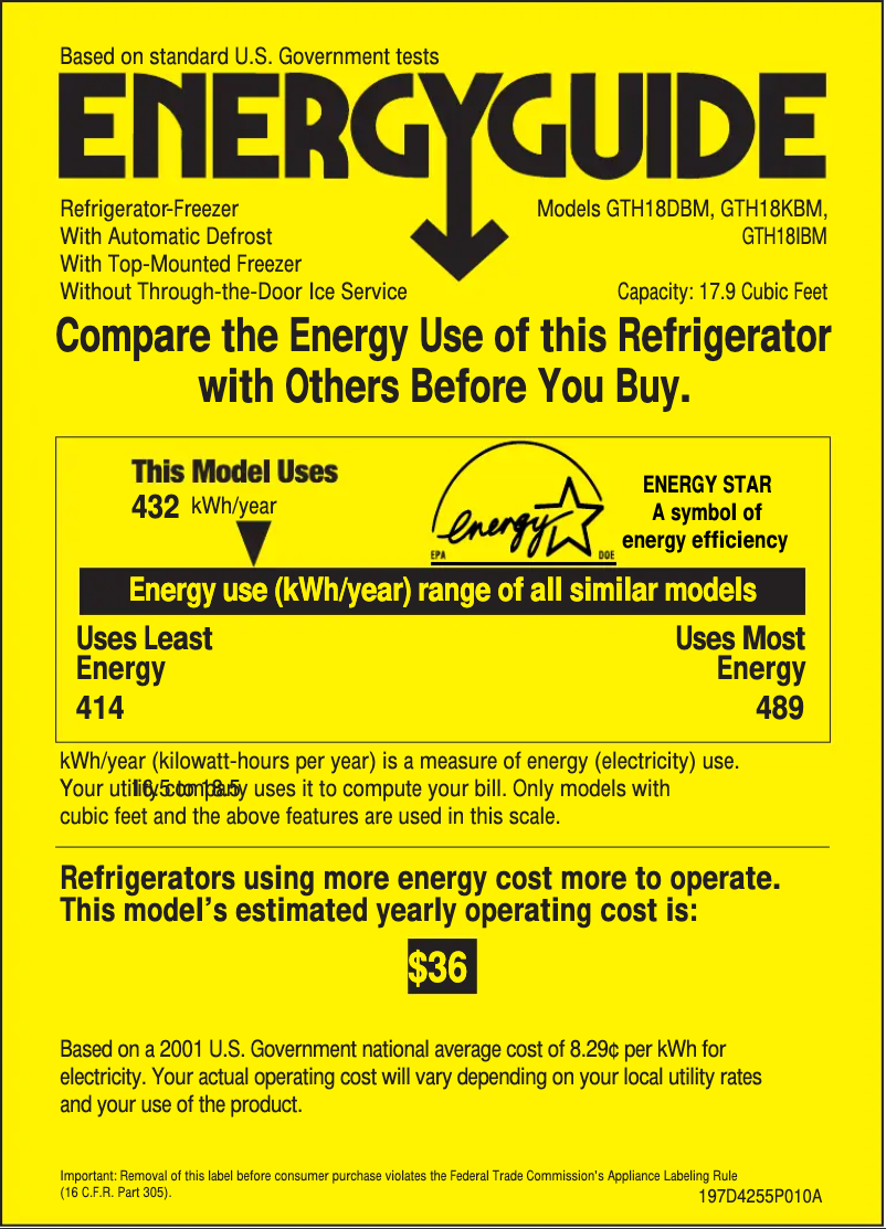 Page 1 de la notice Label énergétique GE GTH18DBMRCC