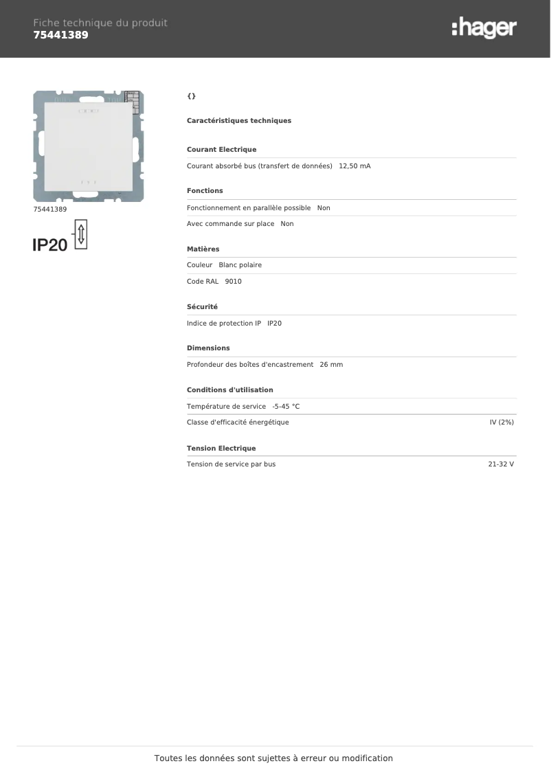 Página 1 del manual Ficha técnica Hager 75441389