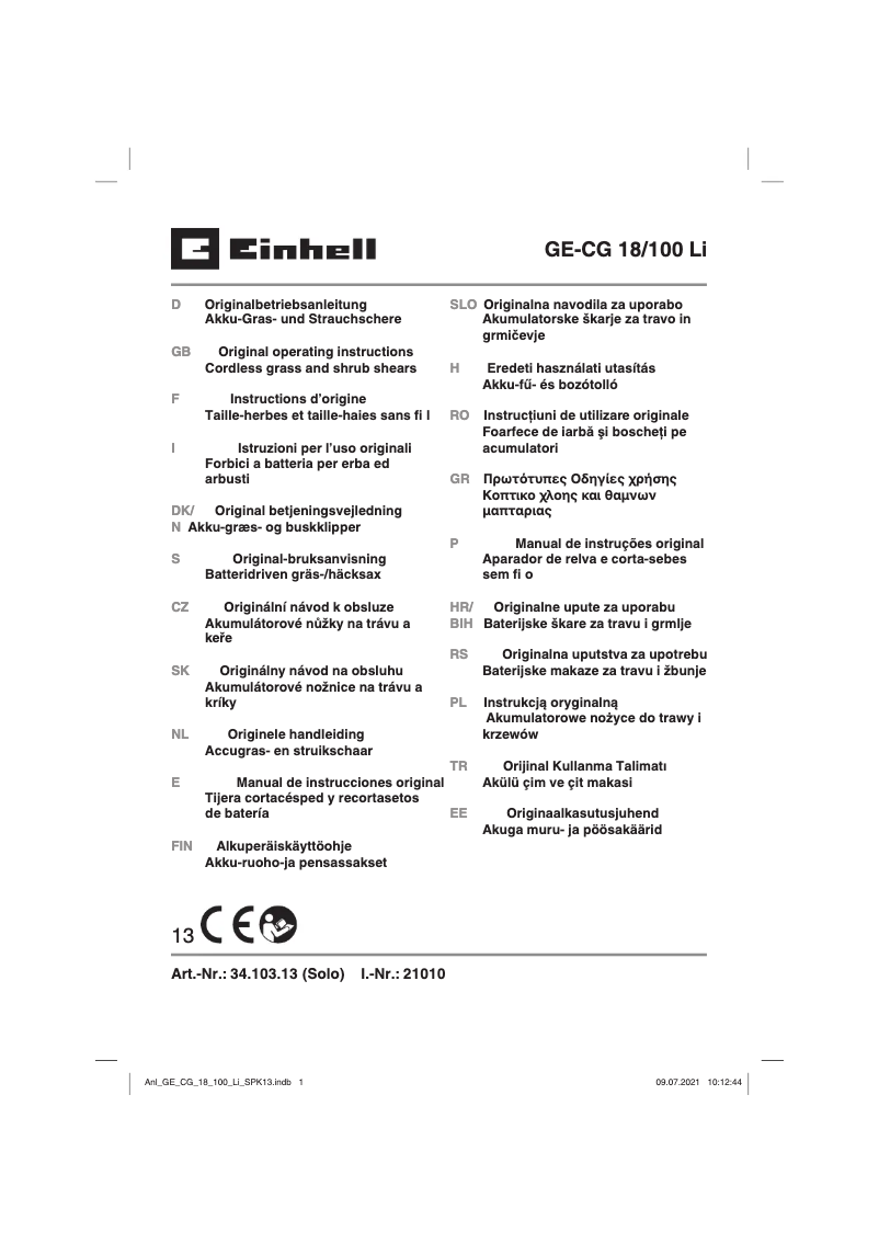 Page n°1 - Manuel utilisateur Einhell GE-CG 18/100 Li-Solo