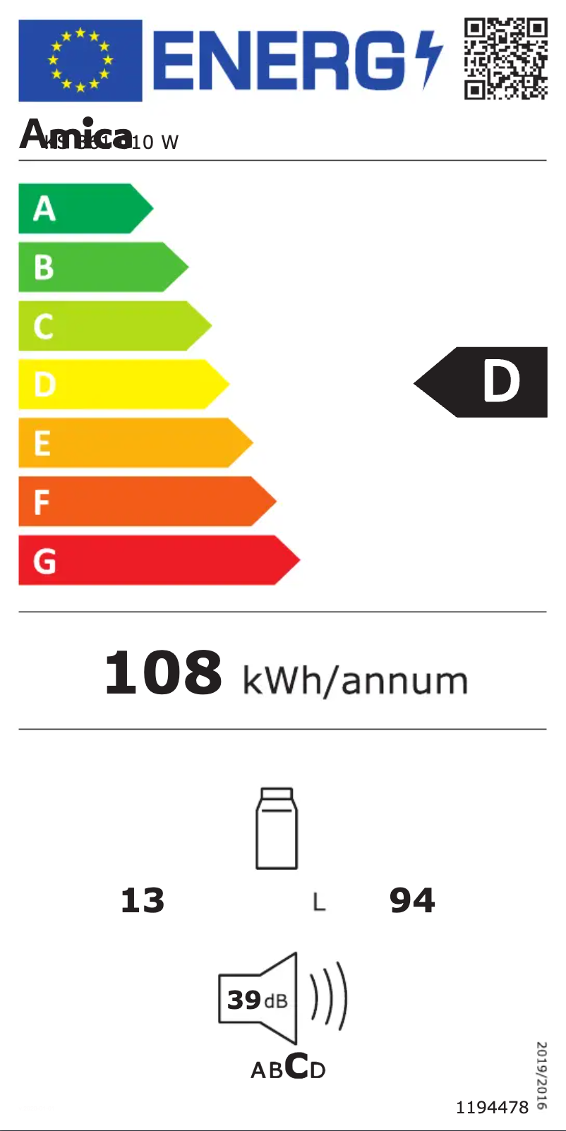 Page 1 de la notice Label énergétique Amica KS 361 010 W