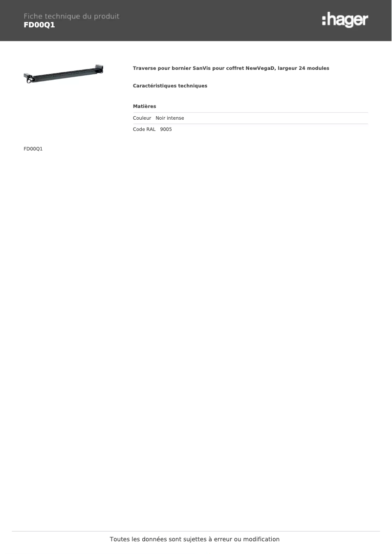 Page 1 de la notice Fiche technique Hager FD00Q1
