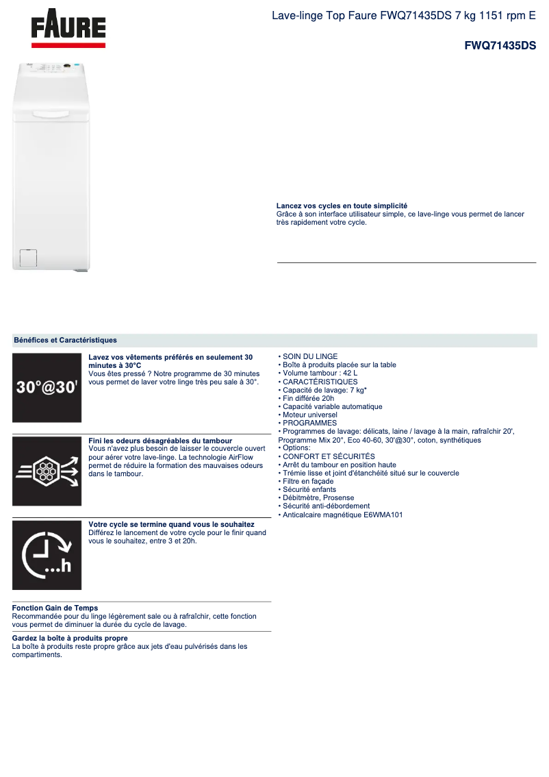 Page n°1 - Fiche technique Faure FWQ71435DS