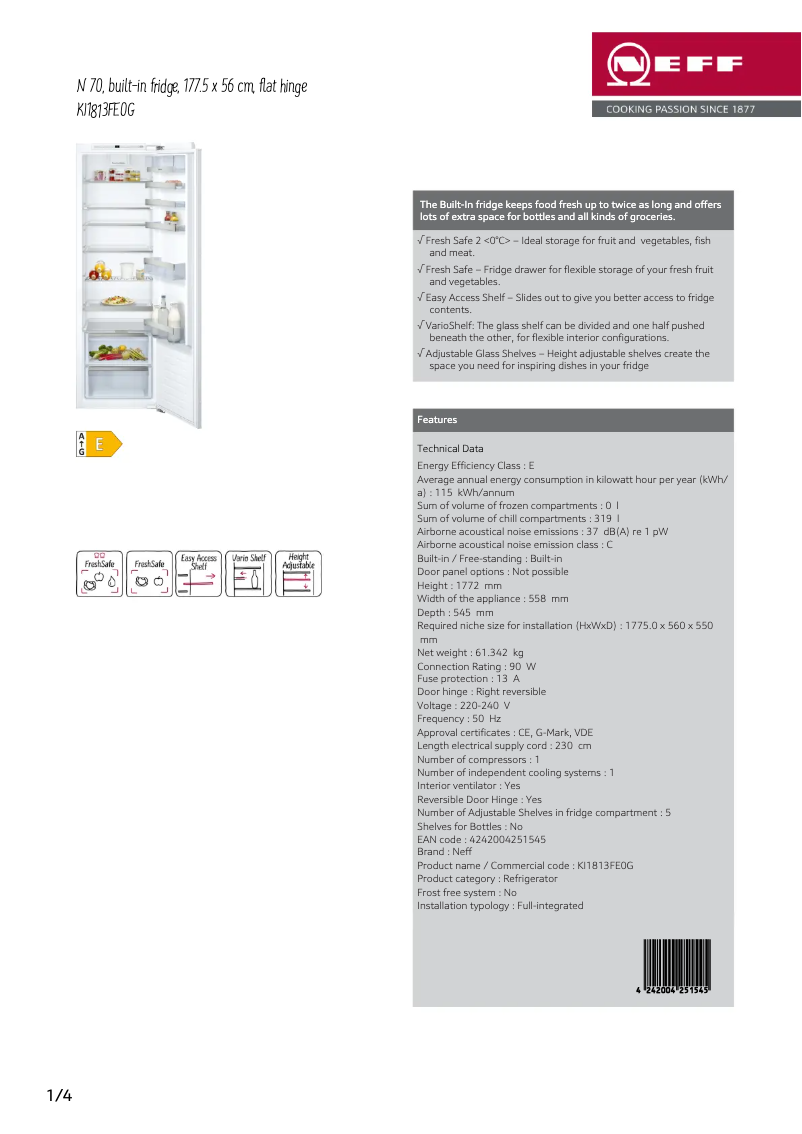 Page 1 de la notice Fiche technique Neff KI1813FE0G