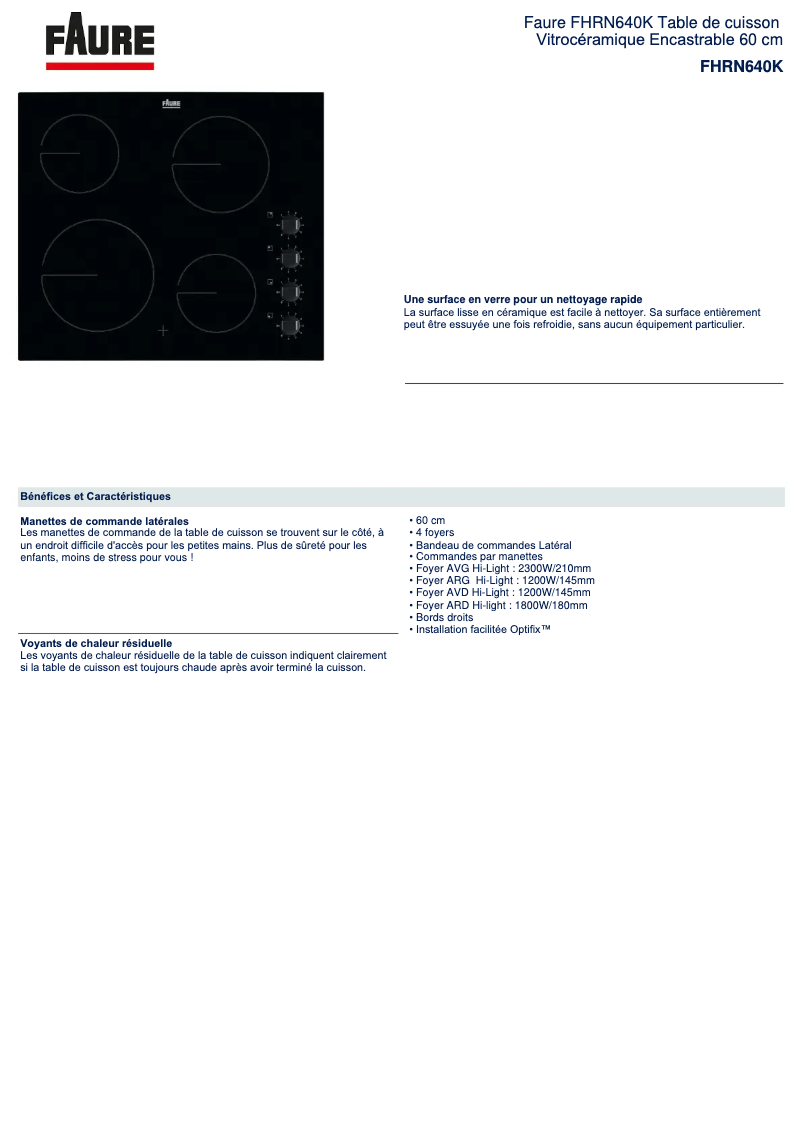 Página 1 del manual Ficha técnica Faure FHRN640K